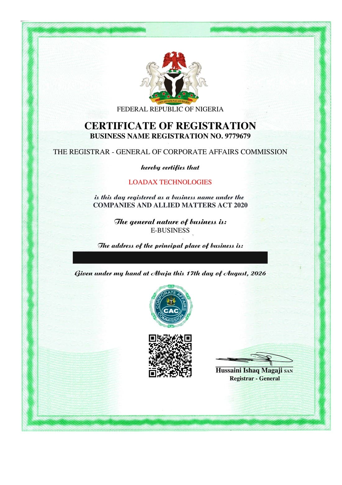 CAC Certificate of Registration for Loadax Technologies, Business Name Registration No. 9779679